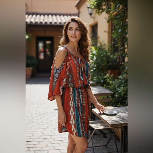 Hot & Delicious Dresses & Skirts - Hot & Delicious Rust & Teal Bohemian Midi Aztec Cold Shoulder Dress Size S
